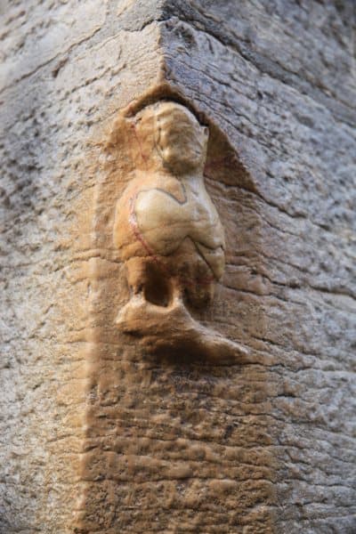 La chouette de Dijon, usée par des siècles de frottements, à peine reconnaissable dans la pierre