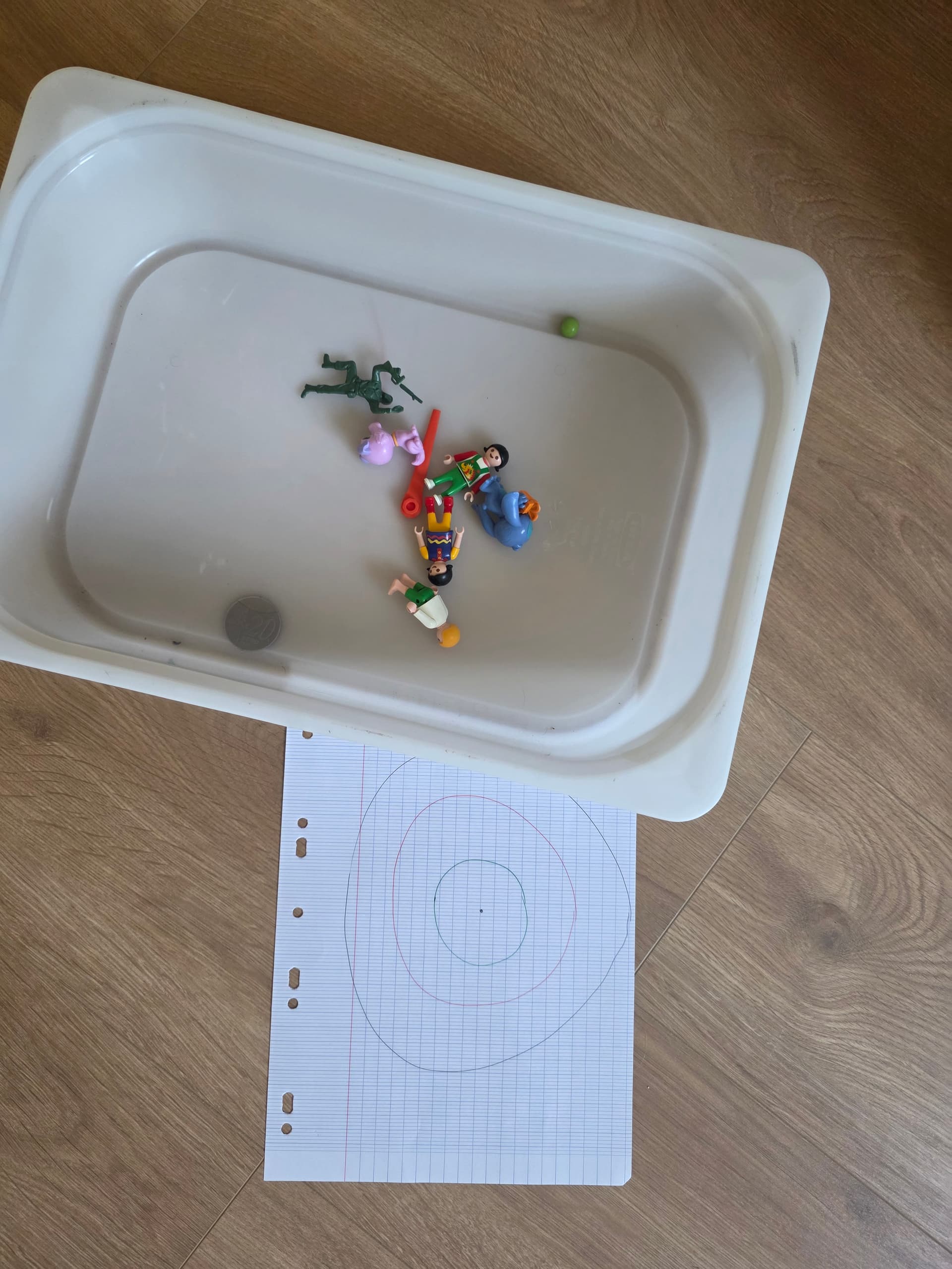 La cible dessinée sur une feuille à carreaux, à côté d'un bac avec les objets à lancer : pièce, perle, figurines, bâtonnet