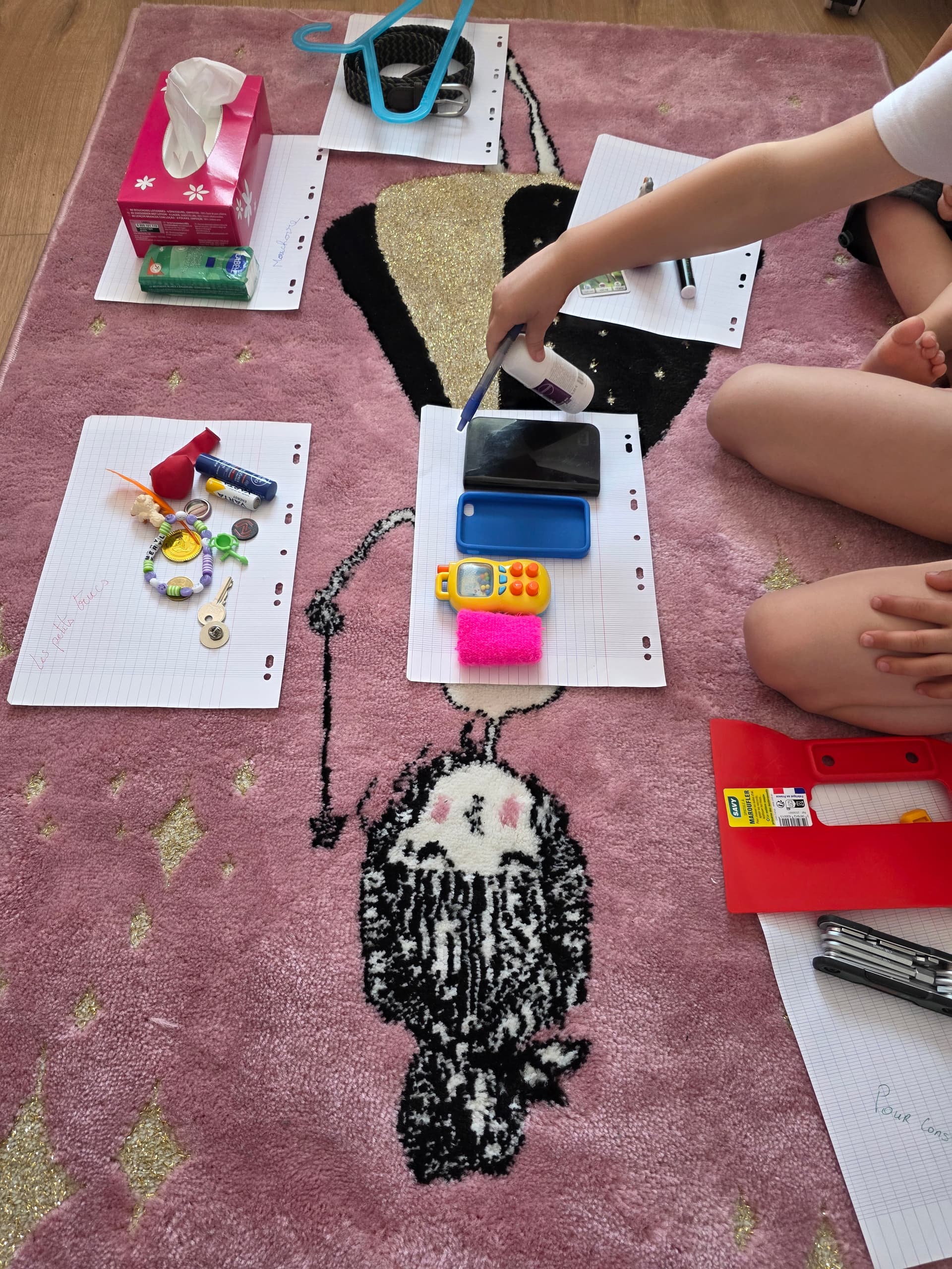 Romane en train de trier des objets sur le tapis rose, avec ses feuilles de catégories
